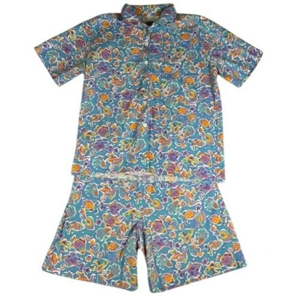 Jantzen Shirt/Short Set Women's 14 Blue Tropical Fish Print Vintage 2 Piece